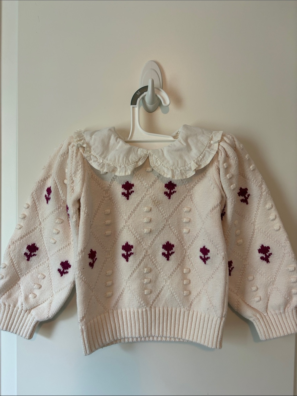 Janie and Jack Cream Knit Sweater with Pink Floral Motifs and Ruffled Collar